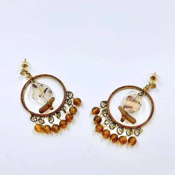 NWT - Charming Charlie - BOHO Vibes Brown & Amber Beaded Chandelier Earrings - Picture 2 of 7